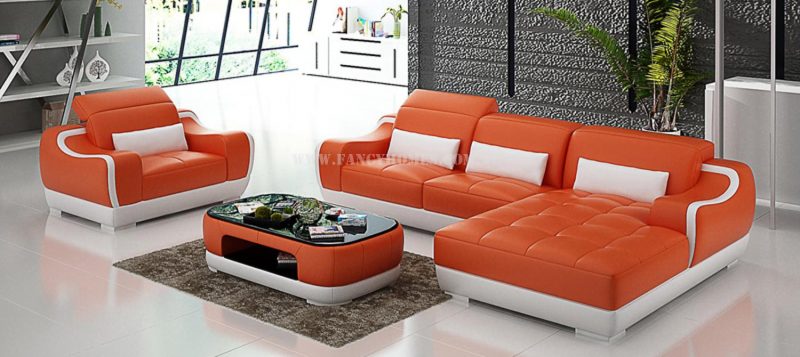 Fancy Homes Doreen-E chaise leather sofa with a single armchair in orange and white leather