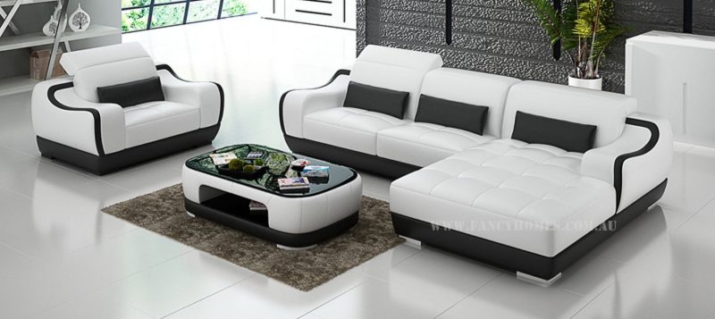 Fancy Homes Doreen-E chaise leather sofa with a single seater in white and black leather