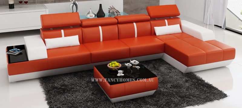 Fancy Homes Elite-B chaise leather sofa in orange and white leather featuring adjustable headrests and in-built side table.