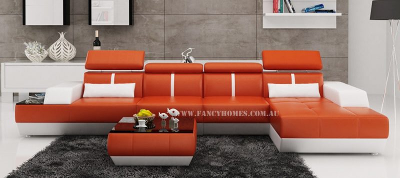 Fancy Homes elite-B chaise leather sofa in orange and white leather