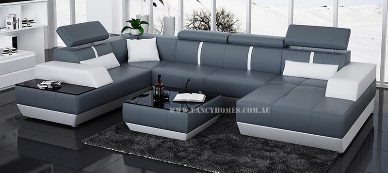 Fancy Homes Elite modular leather sofa in blue and white leather