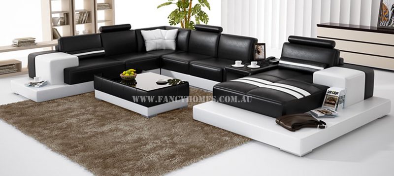 Fancy Homes Evelyn modular leather sofa in black and white leather with matching coffee table