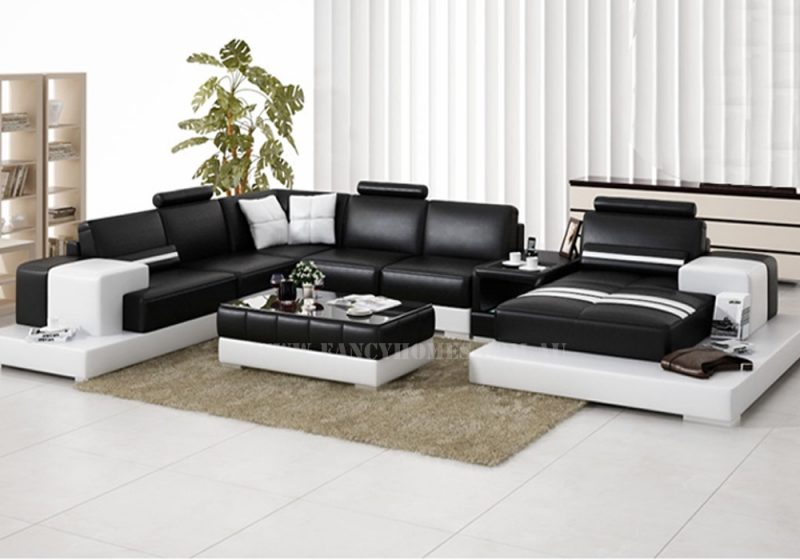 Fancy Homes Evelyn modular leather sofa in black and white leather featuring middle table with LED lighting system