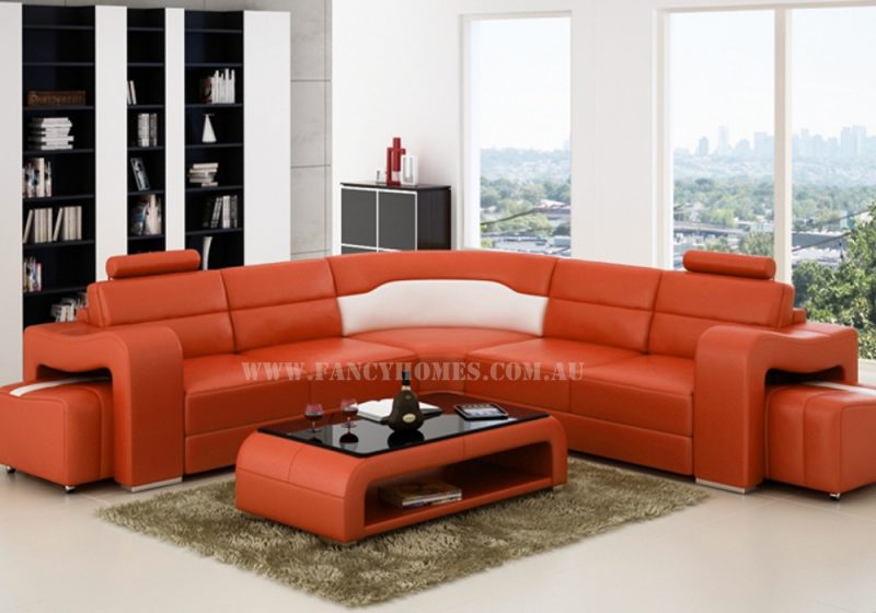 Fancy Homes Erika-B corner leather sofa in orange and white featured with removable ottomans