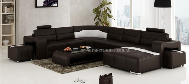 Fancy Homes Erika corner leather sofa in brown and white leather featuring uniquely designed armrests and removable ottomans.