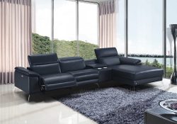 Fancy Homes Frisa recliner chaise leather sofa with adjustable headrests and electrical recliner. The built-in middle console featuring coffee table, cupholders and storage