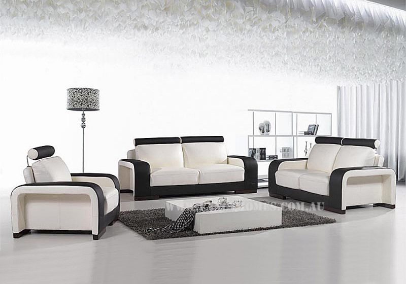 Fancy Homes Gemma lounges suites leather sofa in white and black leather featuring adjustable headrests and two-toned colour