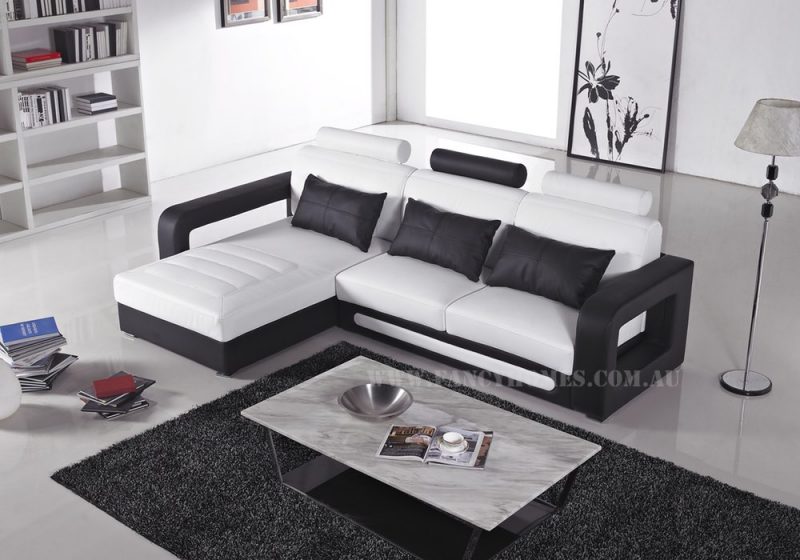 Fancy Homes Java-B chaise leather sofa in white and black leather featuring unique armrests design and easy-adjustable headrests