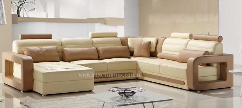 Fancy Homes Java modular leather sofa in cream and beige leather with easy-adjust headrests and unique armrests design