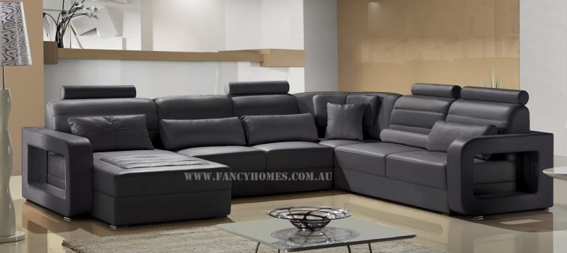 Fancy Homes Java modular leather sofa in black leather featuring easy-adjust headrests and unique armrest designs