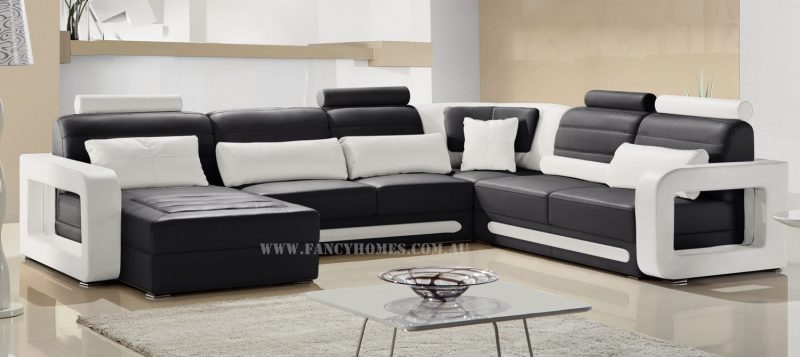 Fancy Homes Java modular leather sofa in black and white leather colour combinations featuring adjustable headrests and unique slim armrests design