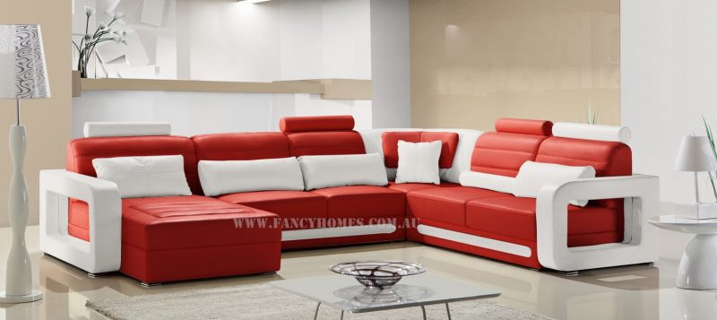 Fancy Homes Java modular leather sofa in red and white leather with unique slim armrests design and adjustable headrests