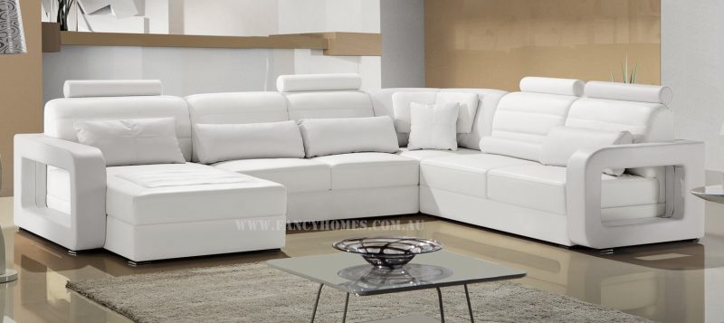 Fancy Homes Java modular leather sofa in white leather with adjustable headrests and unique armrests design