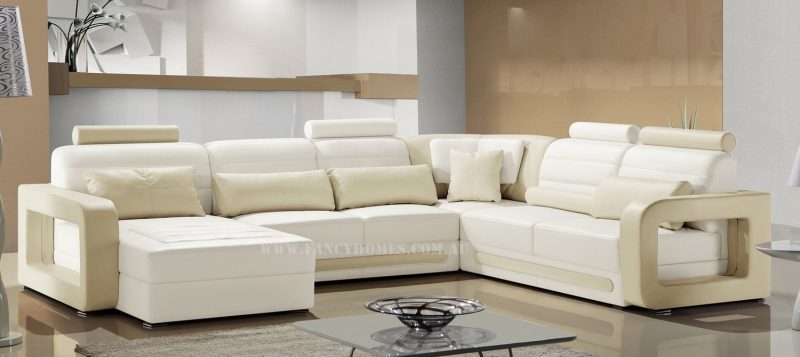 Fancy Homes Java modular leather sofa in white and beige leather featuring easy-adjust headrests and unique armrests design