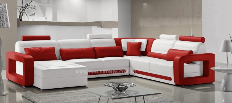 Fancy Homes Java modular leather sofa in white and red leather featuring unique armrests design and easy-adjust headrests