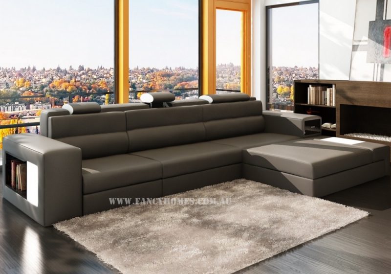 Fancy Homes Jolanda chaise leather sofa in dark grey and white leather featuring adjustable headrests, storage armrests, removable ottoman and lighting system