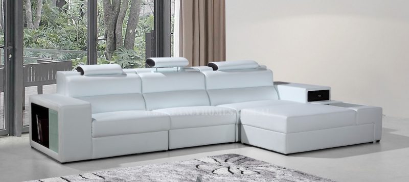 Fancy Homes Jolanda chaise leather sofa in white and black leather features in-built lighting system, storage armrests, adjustable headrests and removable ottoman