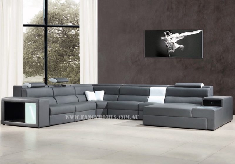 Fancy Homes Jolanda-B modular leather sofa in grey and white leather featuring storage armrests, removable ottoman, adjustable headrests and lighting system