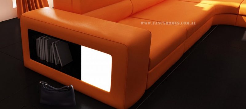 Fancy Homes Jolanda-B modular leather sofa features open storage with lighting system