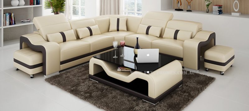 Fancy Homes Kori-B corner leather sofa in beige and brown leather featuring movable ottomans and easy-adjust headrests