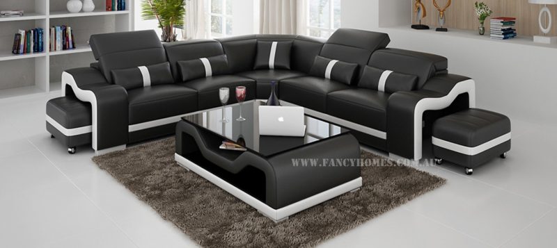 Fancy Homes Kori-B corner leather sofa in black and white colour combinations with adjustable headrests and movable ottomans