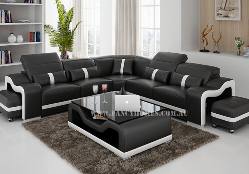 Fancy Homes Kori-B corner leather sofa in black and white leather