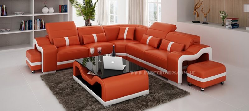 Fancy Homes Kori-B corner leather sofa in orange and white leather with movable ottomans and adjustable headrests