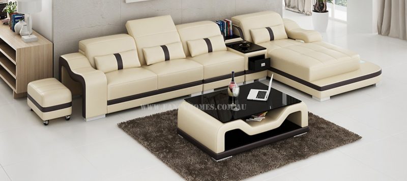 Fancy Homes Kori-C chaise leather sofa in beige and brown with movable ottoman, LED lighting system and middle table