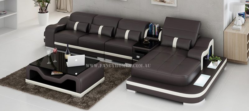 Fancy Homes Kori-C chaise leather sofa in brown and white leather featuring LED lighting systems, middle table and movable ottoman