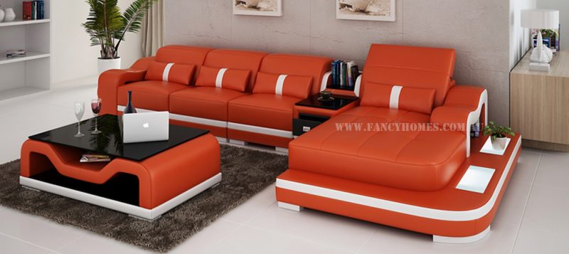 Fancy Homes Kori-C chaise leather sofa in orange and white leather featuring middle table, ottoman and LED lighting systems