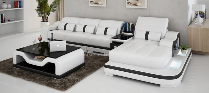 Fancy Homes Kori-C chaise leather sofa in white and black leather with movable ottoman, LED lighting systems and middle table