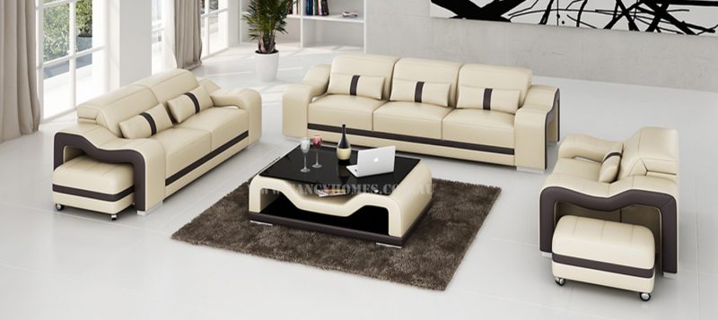 Fancy Homes Kori-D lounge suites leather sofa in beige and brown leather featuring adjustable headrests and movable ottomans