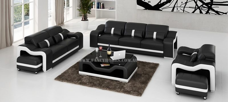 Fancy Homes Kori-D lounges suites leather sofa in black and white with easy-adjust headrests and ottomans