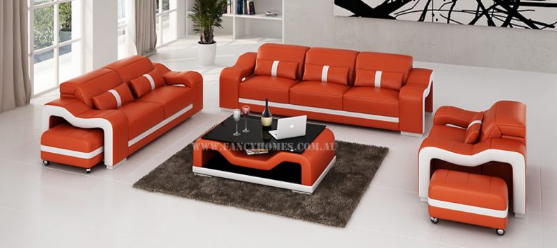 Fancy Homes Kori-D lounges suites leather sofa in orange and white leather with easy-adjust headrests and movable ottomans