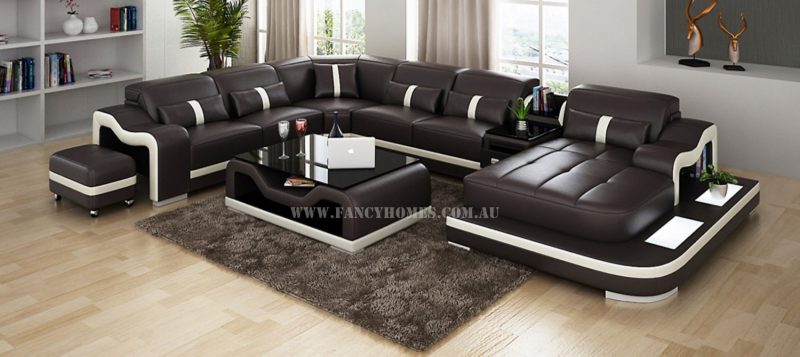Fancy Homes Kori modular leather sofa in brown and white leather featuring LED lighting system, middle table with drawer and movable ottoman
