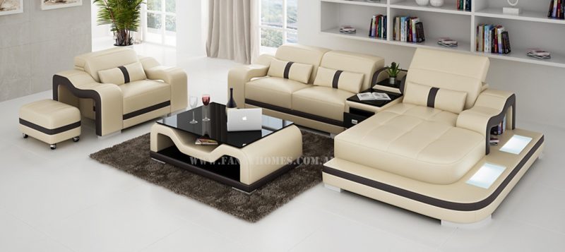 Fancy Homes Kori-E chaise leather sofa in beige and brown with movable ottoman, single seater, adjustable headrests and LED lighting system