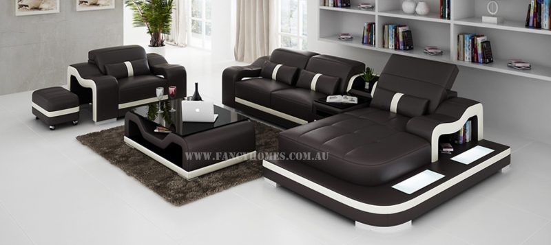 Fancy Homes Kori-E chaise leather sofa in brown and white leather with a single seater, ottoman, easy-adjust headrests and LED lighting system.