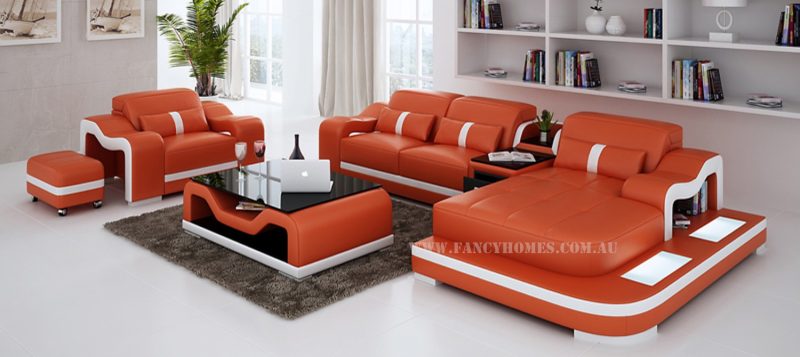 Fancy Homes Kori-E chaise leather sofa in orange and white leather with ottomans, storage middle table and LED lighting system.