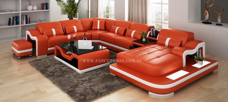 Fancy Homes Kori modular leather sofa in orange and white leather featuring LED lighting system, middle table with drawer and movable ottoman