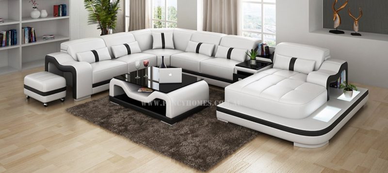 Fancy Homes Kori modular leather sofa in white and black leather featuring LED lighting system, middle table with draw unit and movable ottoman