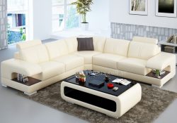 Fancy Homes Levita-B corner leather sofa in beige and brown leather featuring storage armrests and adjustable headrests