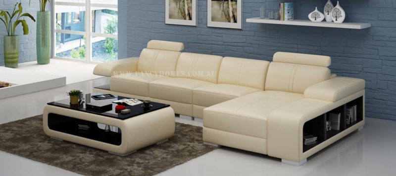 Fancy Homes Levita-C chaise leather sofa in beige and brown leather