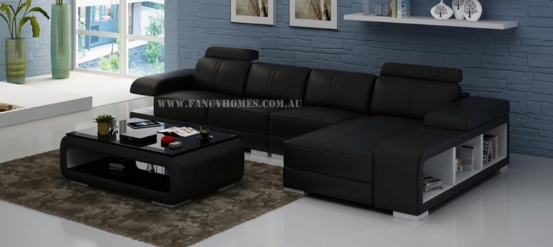 Fancy Homes Levita-C chaise leather sofa in black and white leather