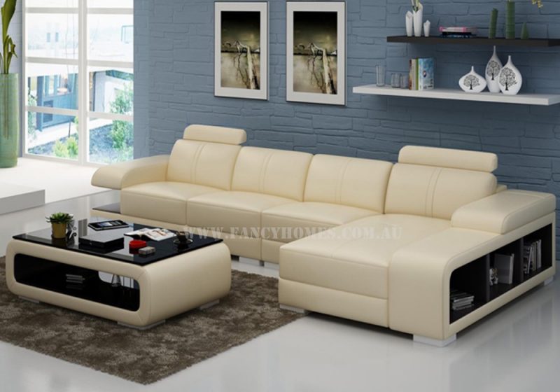 Fancy Homes Levita-C chaise leather sofa in beige and brown leather featured with storage armrests and adjustable headrests