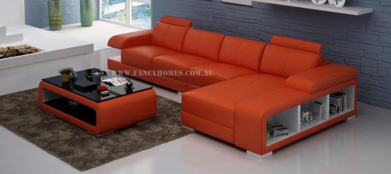 Fancy Homes Levita-C chaise leather sofa in orange and white leather