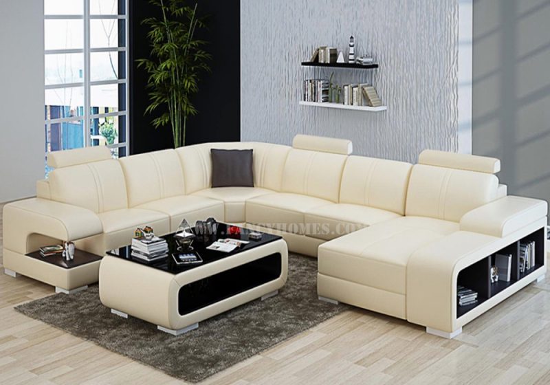 Fancy Homes Levita Modular leather sofa in beige and brown leather with adjustable headrests and storage armrests