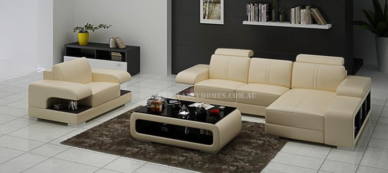 Fancy Homes Levita-E chaise leather sofa with a single armchair in beige and brown leather