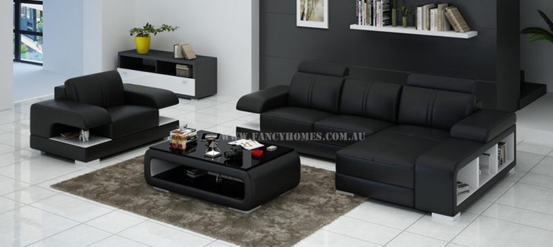 Fancy Homes Levita-E chaise leather sofa with a single armchair in black and white leather