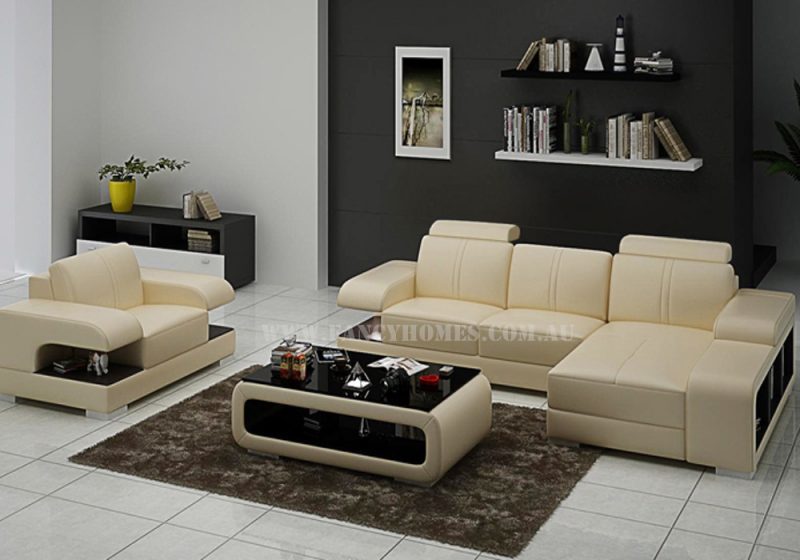 Fancy Homes Levita-E chaise leather sofa with a single armchair in beige and brown leather featuring adjustable headrests and extra-wide storage armrests