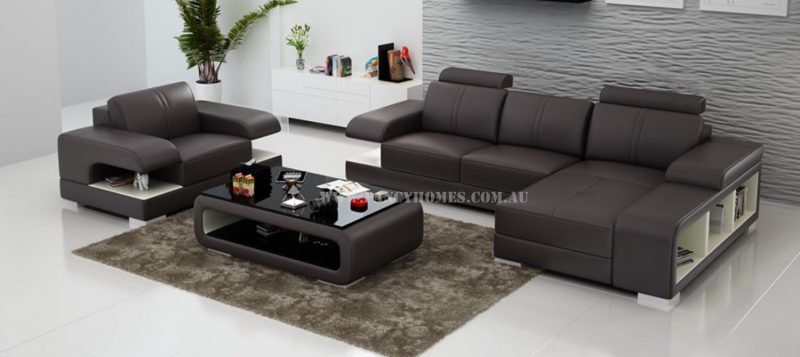 Fancy Homes Levita-E chaise leather sofa with a single armchair in brown and white leather